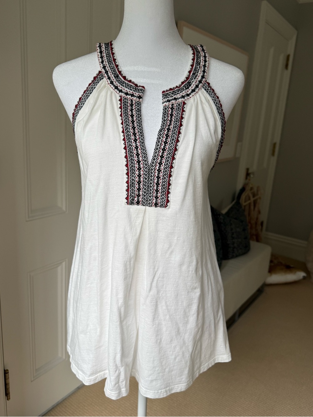 Joie White Tank Top with Black & Red Embroidered Trim